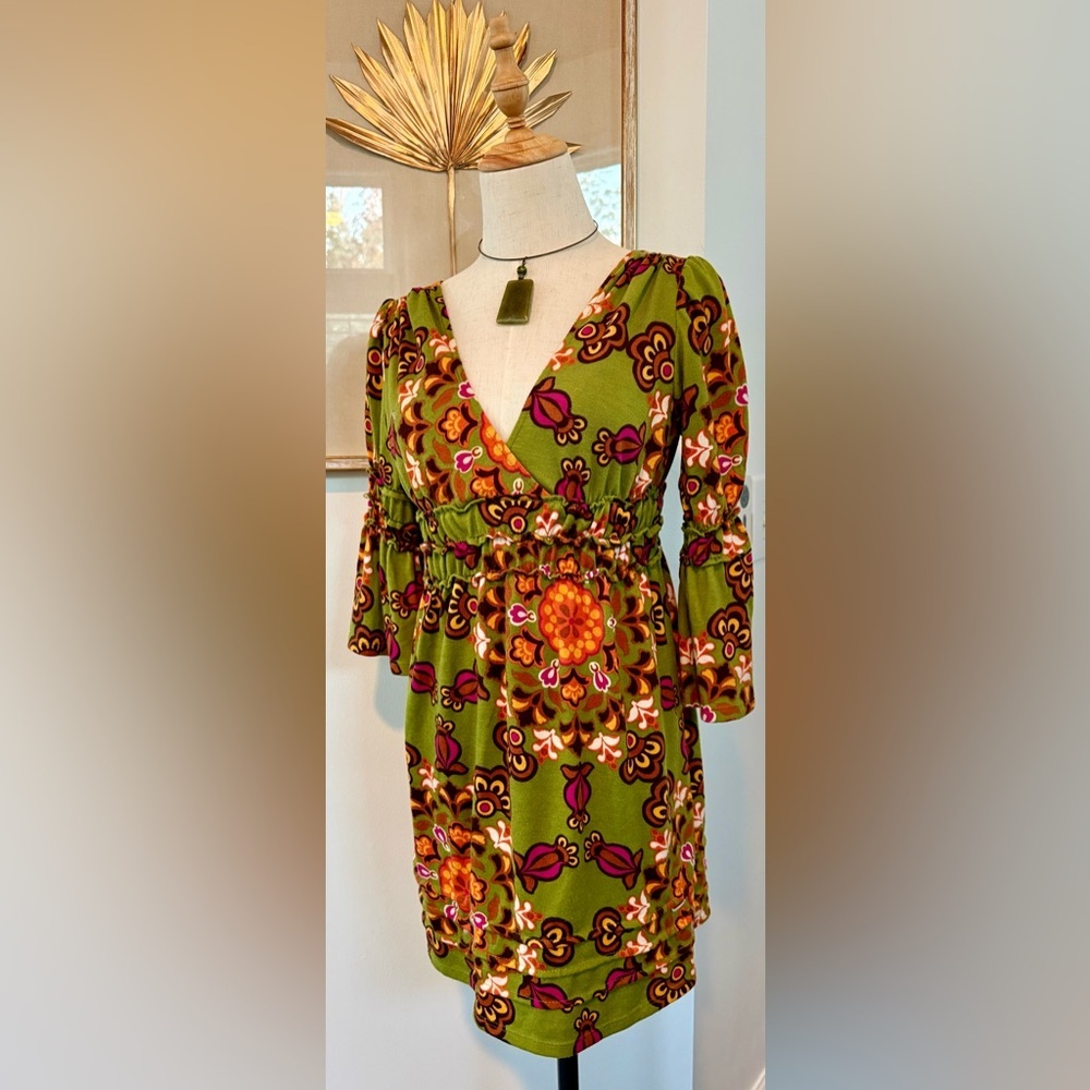 Judith March Green Boho Floral Dress | Retro V-Neck Empire Waist - Picture 1 of 8